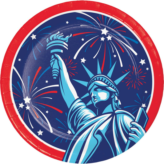 Paper plate with Statue of Liberty design and fireworks on a blue background with red rim