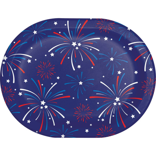 Oval paper plate with red, white, and blue fireworks on a blue background