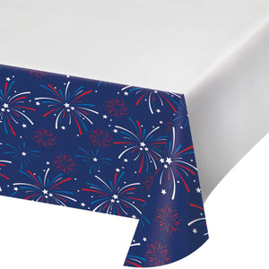 Navy blue paper tablecloth with red and white firework pattern on a white background