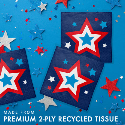 Napkins with star design on a blue background with text about recycled tissue quality.