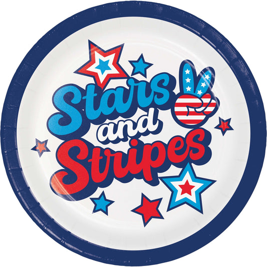 Round paper plate with 'Stars and Stripes' design featuring stars and stripes text 