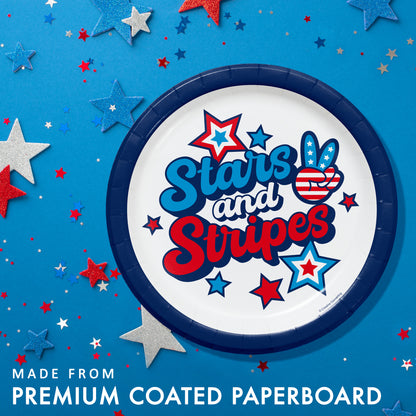 Paper plate with 'Stars and Stripes' design on a blue background with stars and 'Made from premium coated paperboard' text.