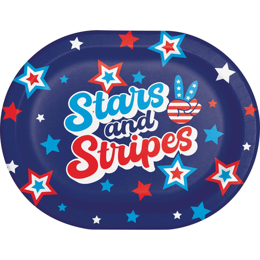 Oval plate with 'Stars and Stripes' text and stars design on a blue background