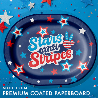 Oval plate with 'Stars and Stripes' text and stars design on a blue background with 'Made from premium coated paperboard'.