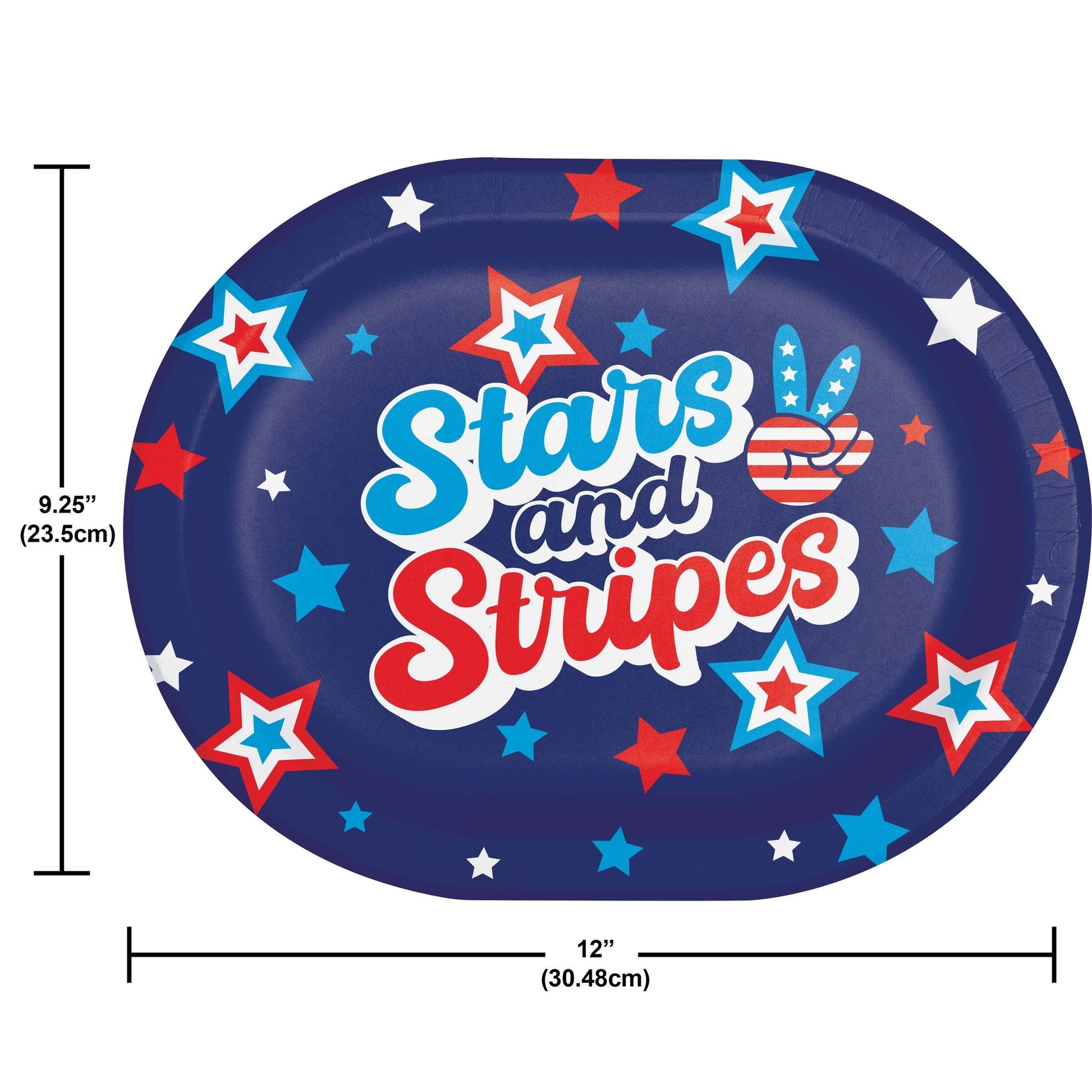 Oval plate with 'Stars and Stripes' text and stars design on a blue background. Dimensions shown.