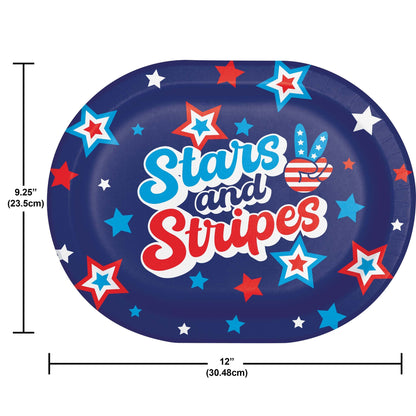 Oval plate with 'Stars and Stripes' text and stars design on a blue background. Dimensions shown.