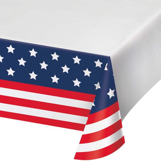 American flag tablecloth with stars and stripes on a white background