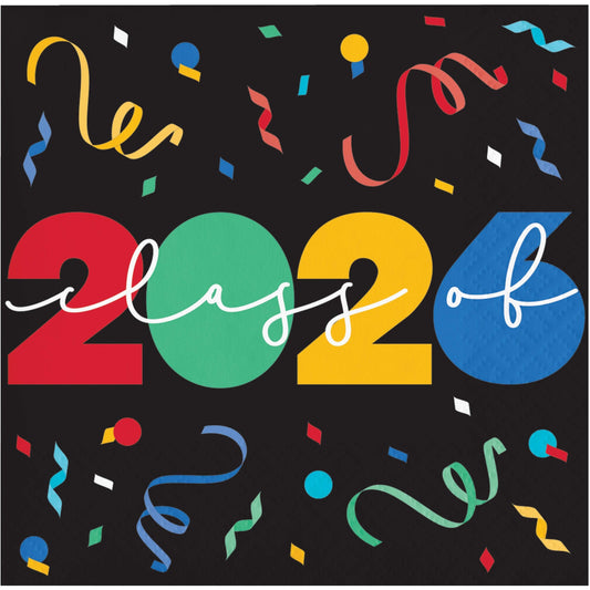 Napkin with colorful 'Class of 2026' design with confetti on a black background