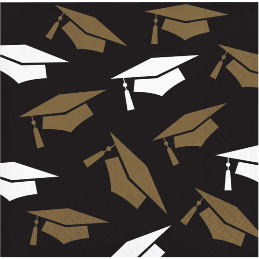 Napkins with graduation caps in gold and white on a black background