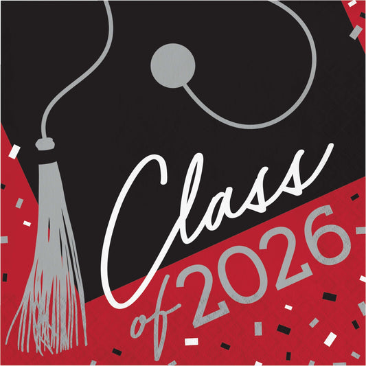 Graduation-themed napkin with 'Class of 2026' text, tassel, and confetti on a black and red background.