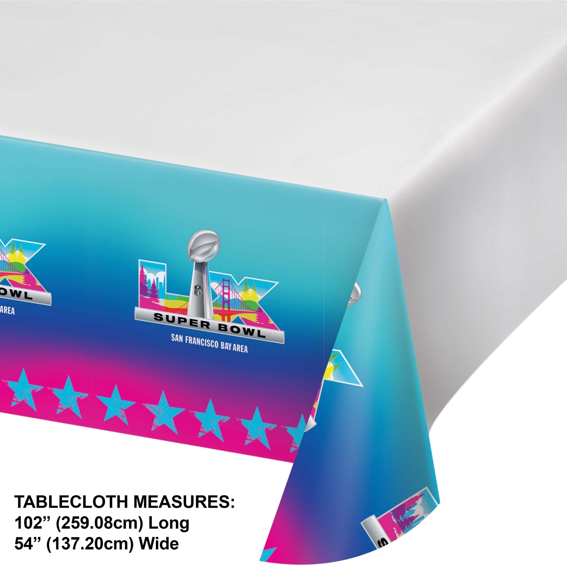 Colorful plastic tablecloth with Super Bowl LX logo and 'San Francisco Bay Area' text beneath. Featured on a white background with dimensions featured.