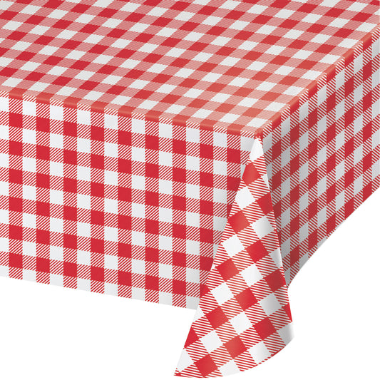 Red and white checkered tablecloth on a white background