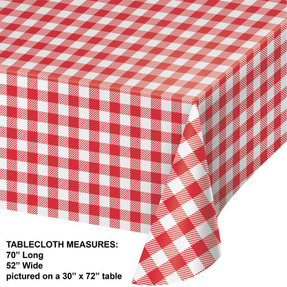 Red and white checkered tablecloth on a flat surface with dimensions displayed.