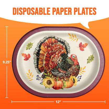Bountiful Bird Thanksgiving Oval Paper Plates 96 ct