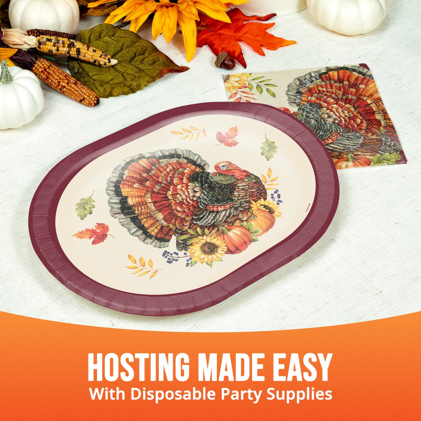 Bountiful Bird Thanksgiving Oval Paper Plates 96 ct