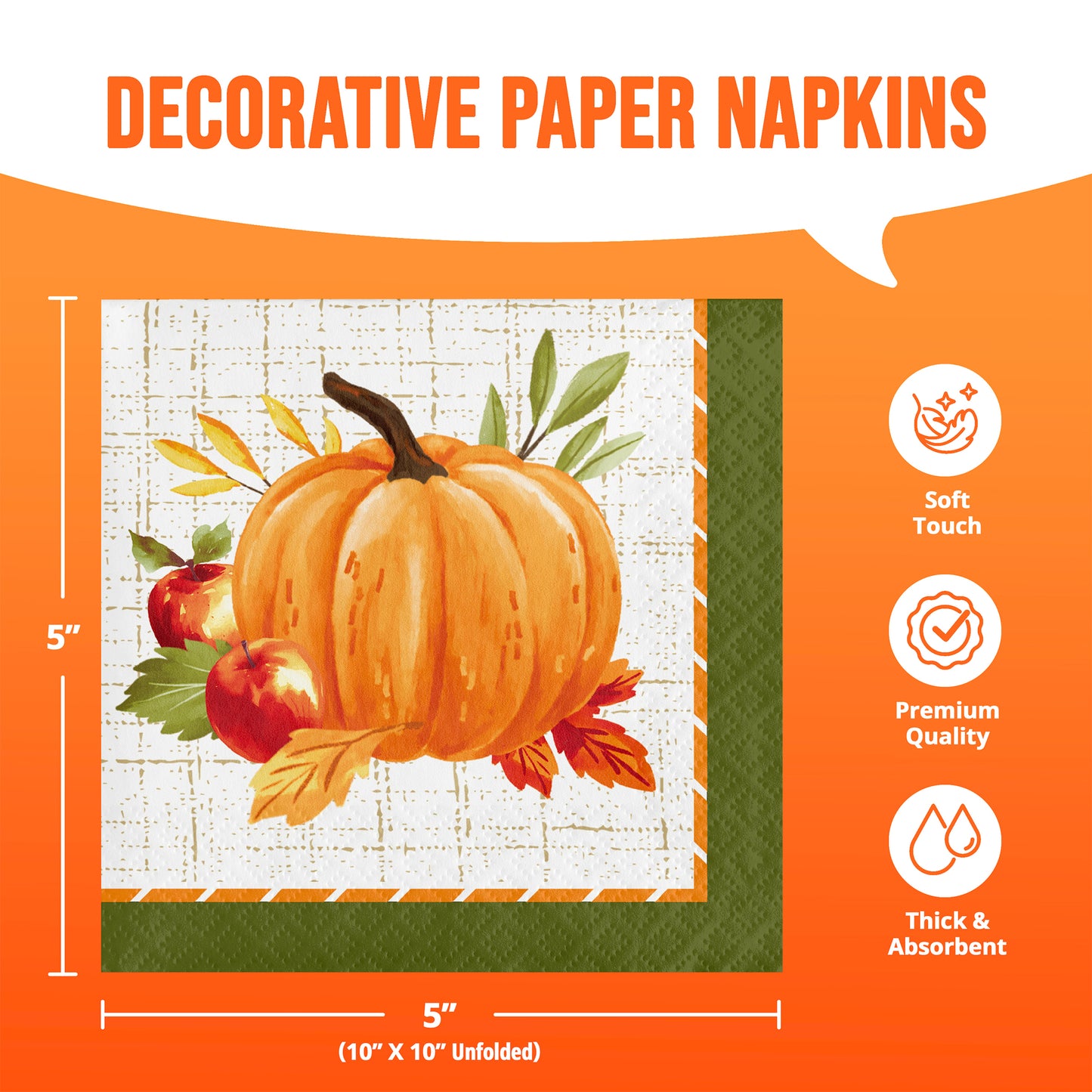 Decorative paper napkins with a fall harvest design, featuring a central orange pumpkin, red apples, and autumn leaves on a white textured background. Dimensions 5" x 5".