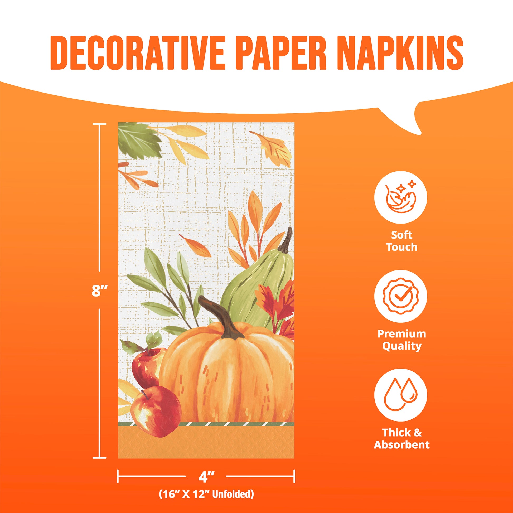 A decorative paper napkin with a fall harvest design, shown on an orange promotional background with dimensions labeled as 8 by 4 inches and feature icons for soft touch, premium quality, and thick absorbent material.