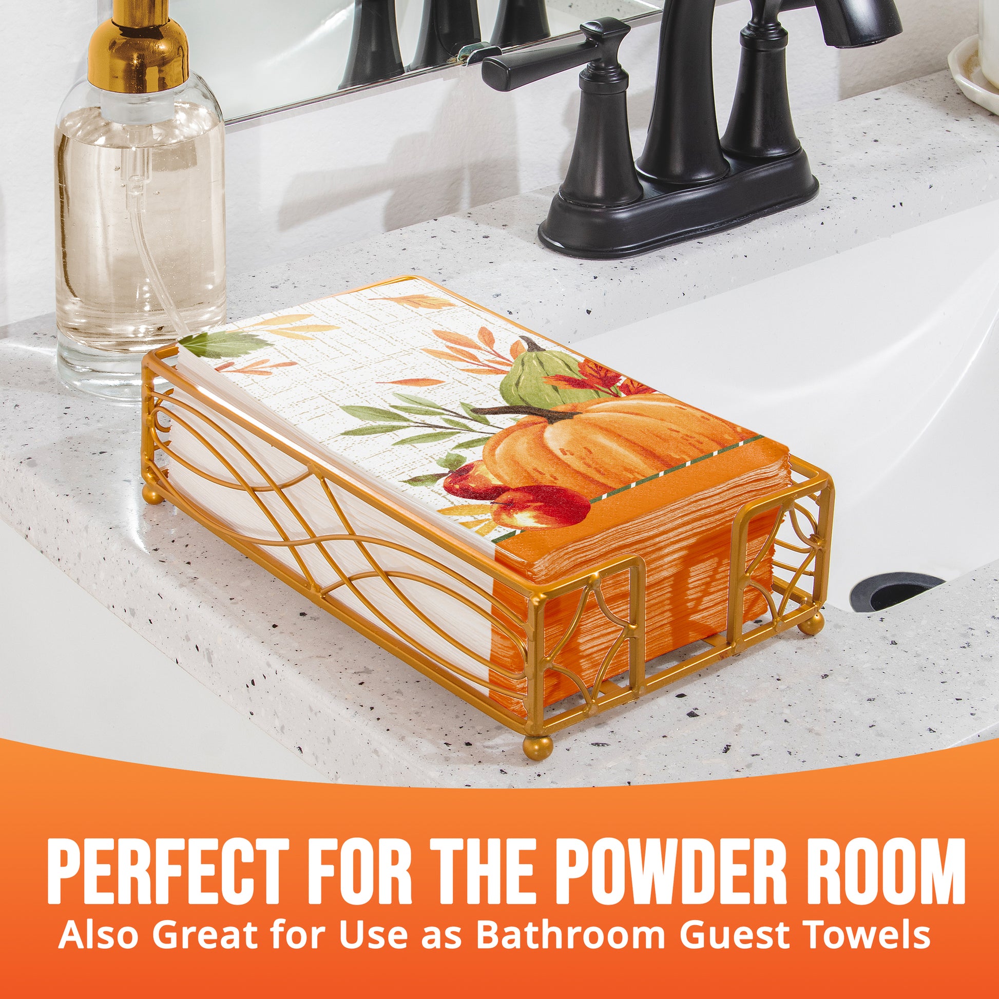 Fall dinner napkin featuring a large orange pumpkin, red apples, a green gourd, and autumn leaves shown in a napkin holder with "Perfect for the Powder Room" text