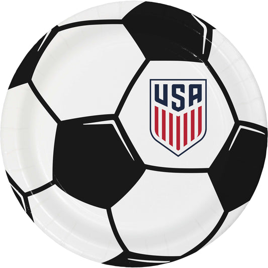Soccer ball dessert plate with USA national team logo on a white background