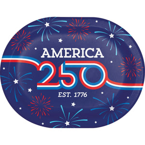 Oval plate featuring "America 250 Est. 1776" on a white background