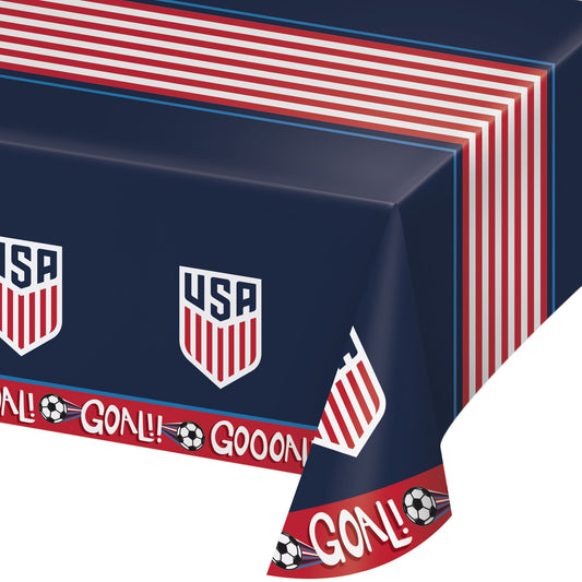 Navy blue and red tablecloth with USA logo and 'GOAL!' text on a white background