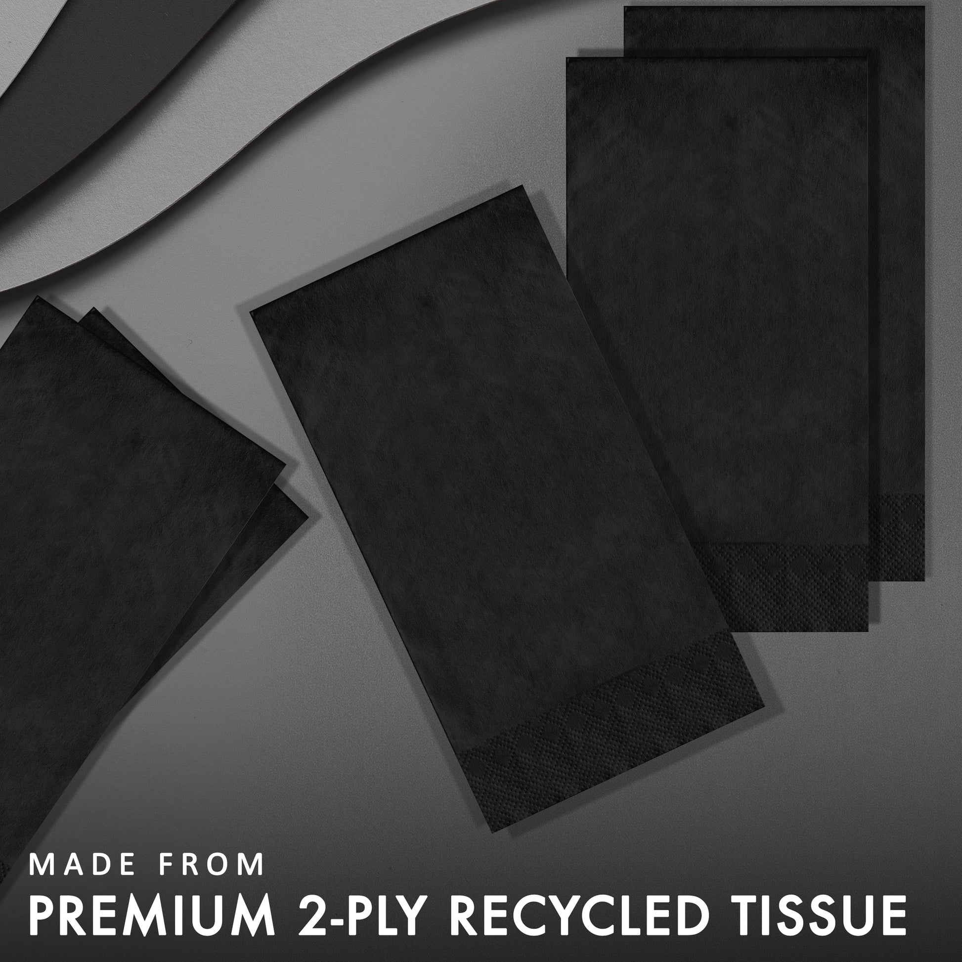 Black tissue paper napkins on a gray background with text 'Made from Premium 2-Ply Recycled Tissue'.
