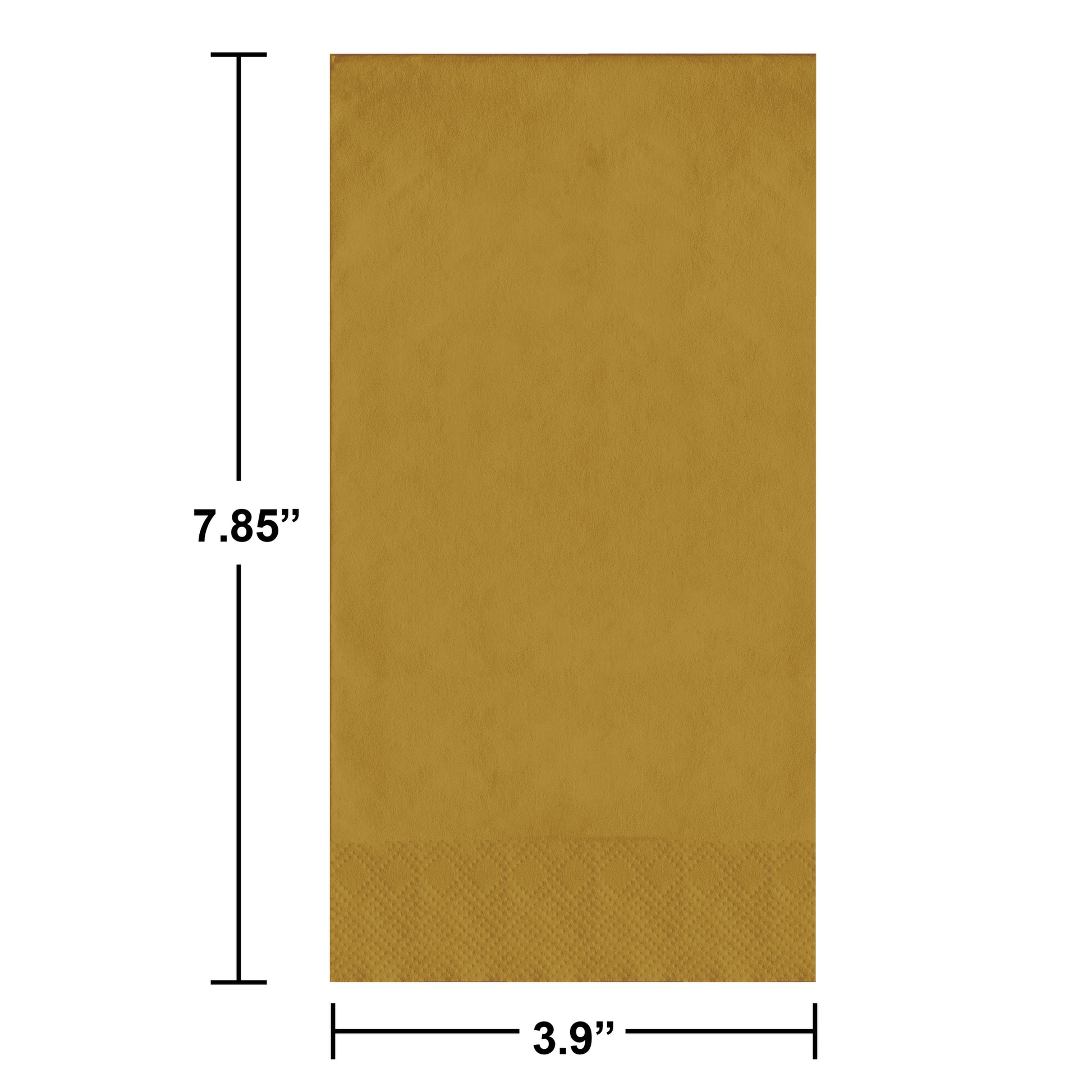 Gold paper napkin with dimensions labeled on a white background