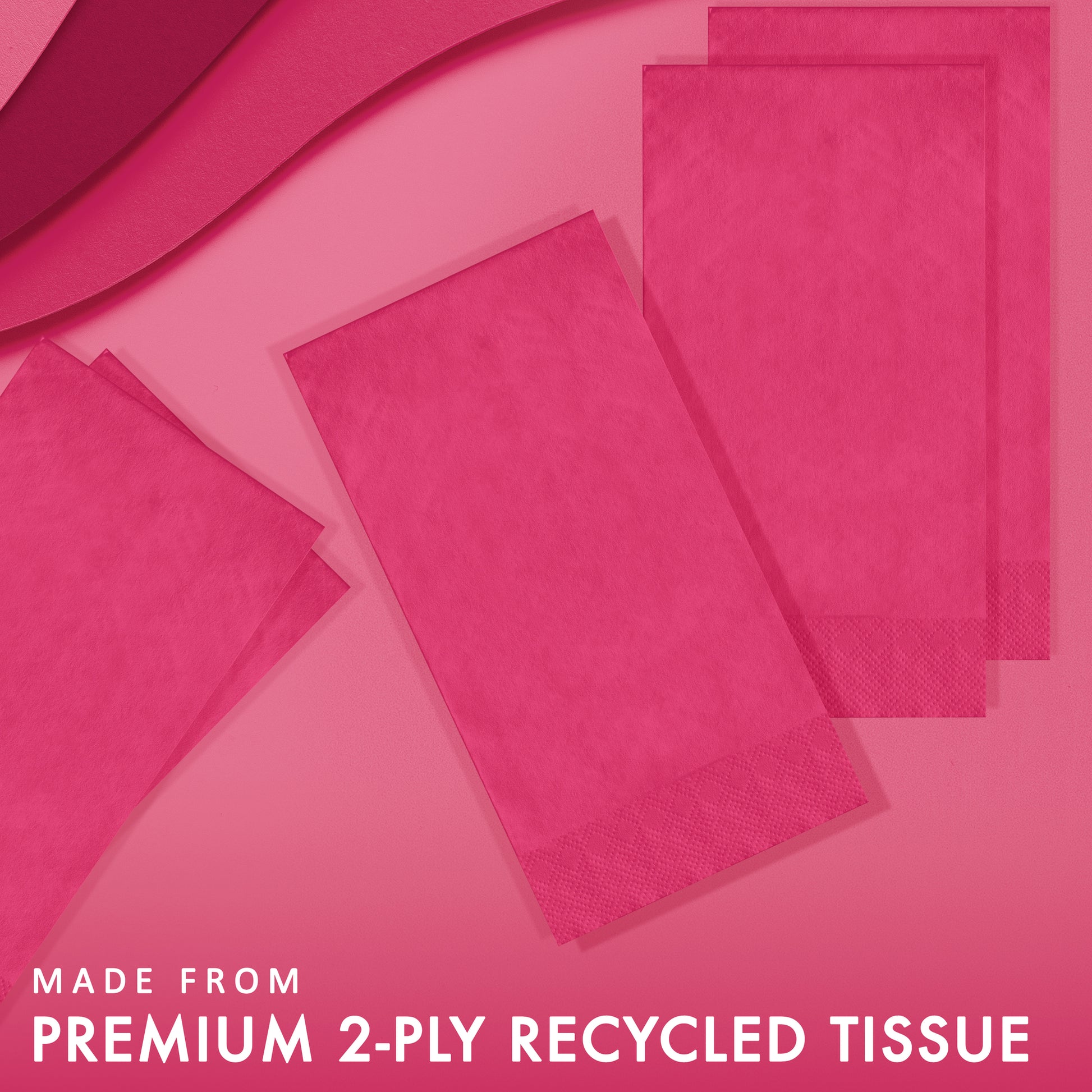Pink napkin on a pink background with text about premium 2-ply recycled tissue.