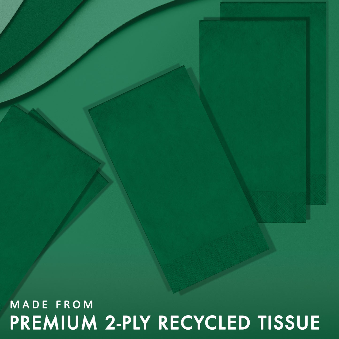 Green napkins on a green background with text 'Made from Premium 2-Ply Recycled Tissue'.