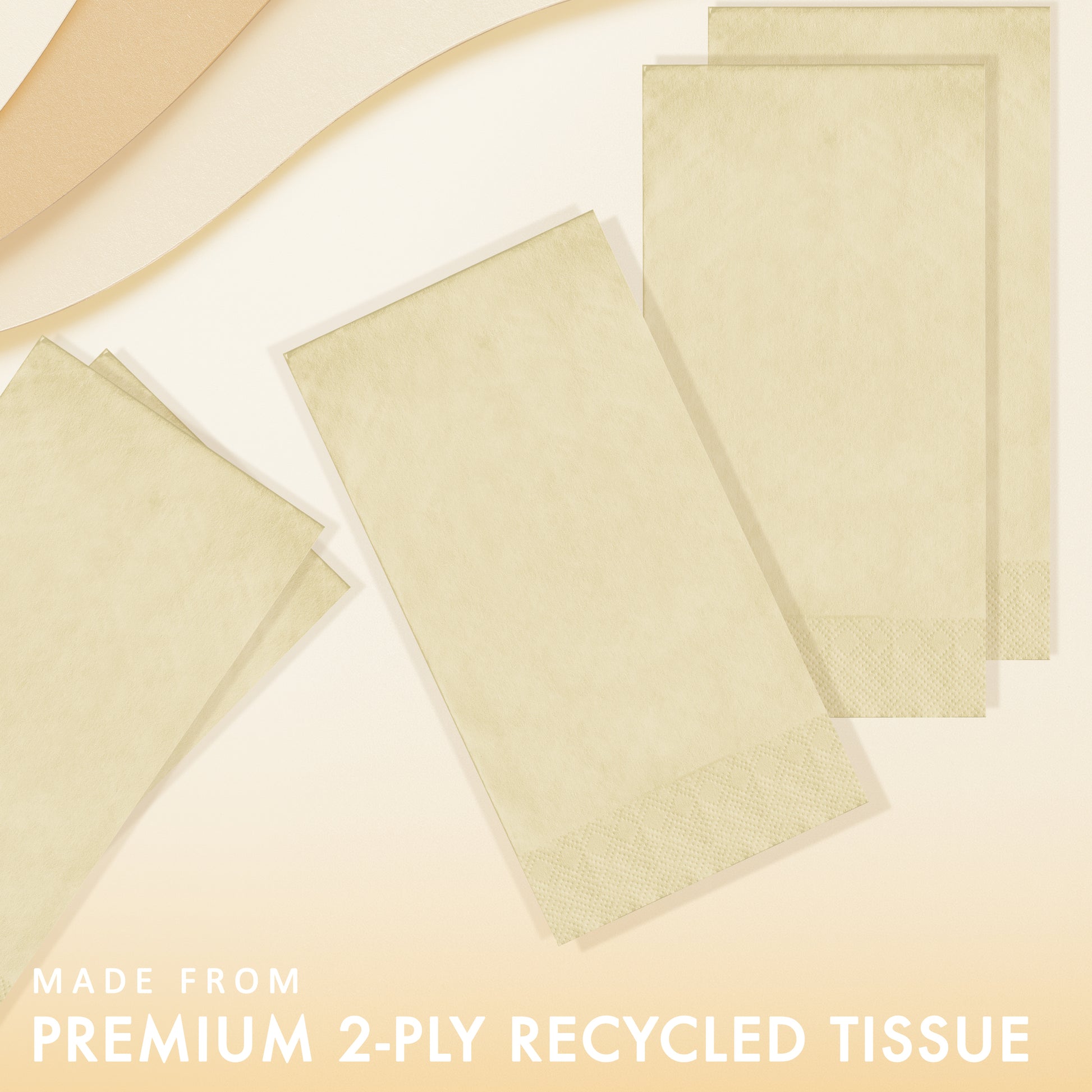 Ivory 2-ply dinner napkins on a light ivory background with text 'Made from Premium 2-ply Recycled Tissue'.
