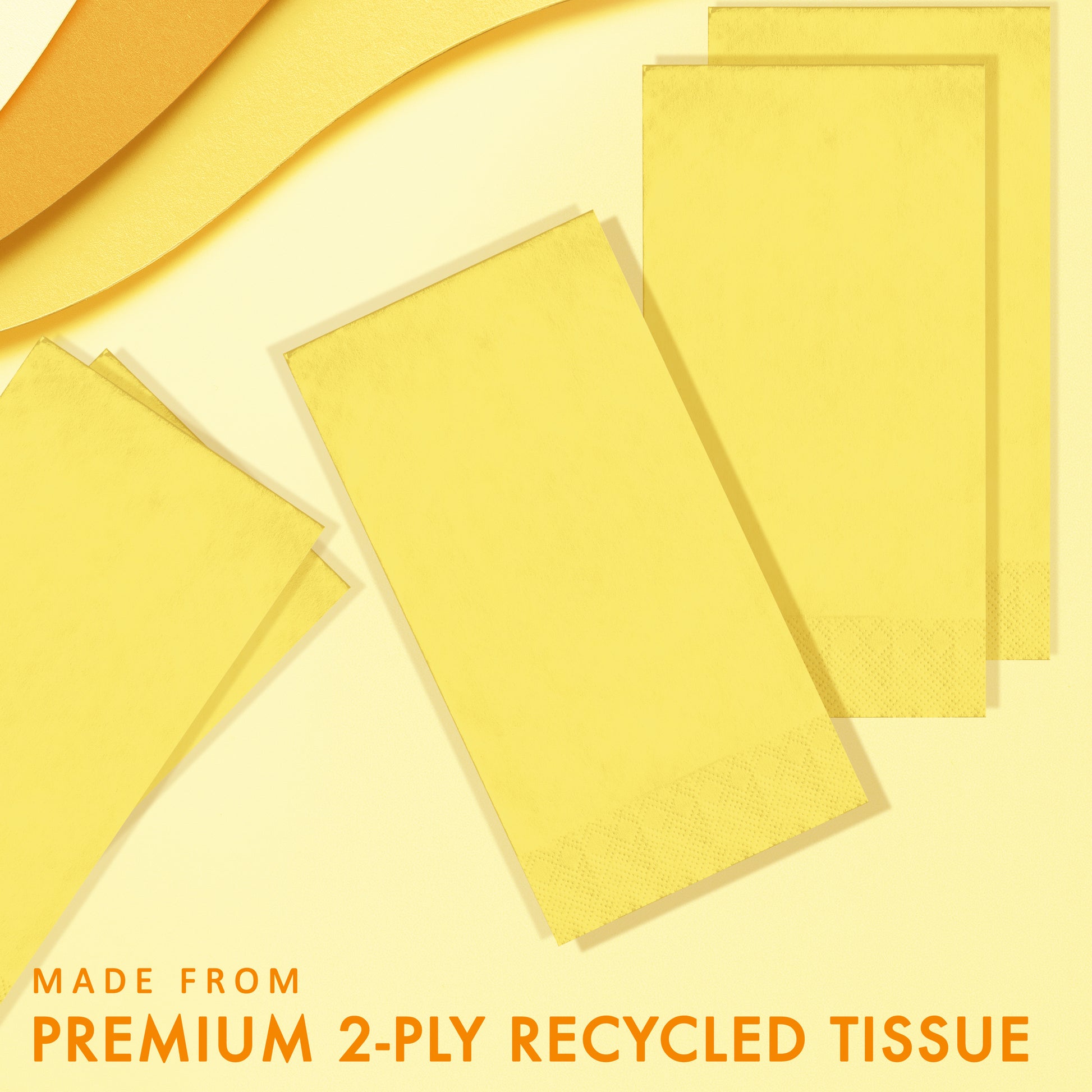 Yellow 2-ply recycled napkins on a yellow background with text.
