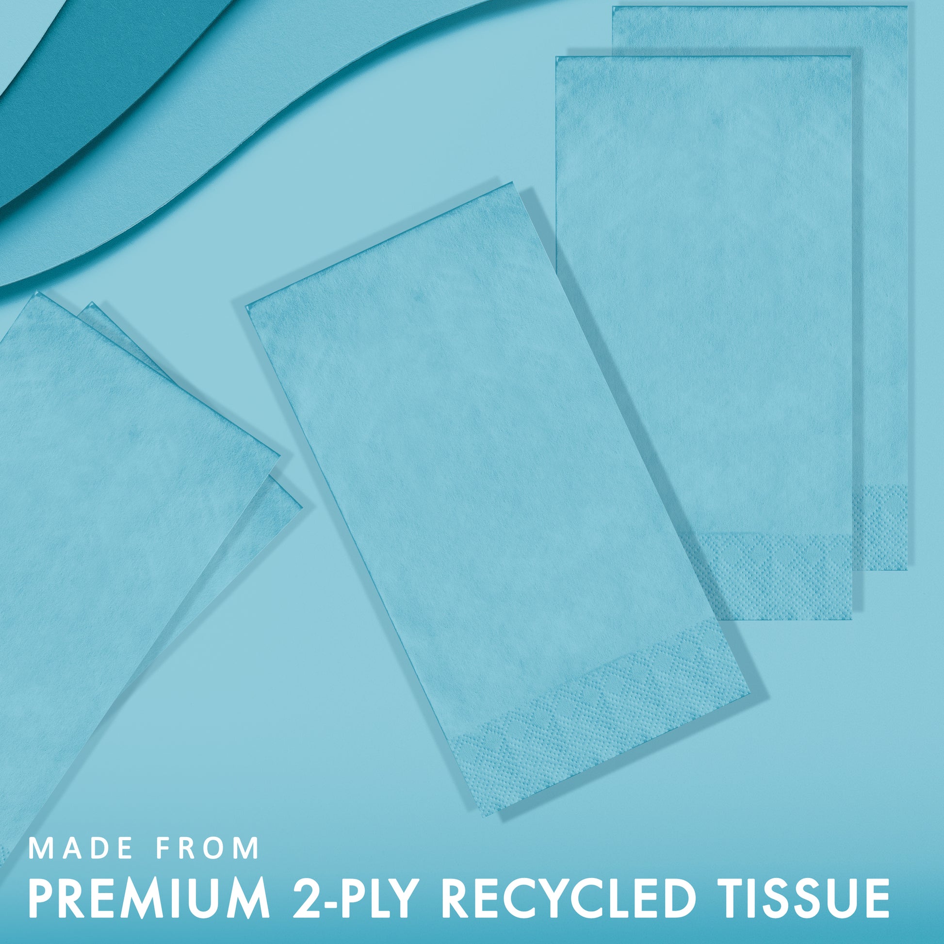 Blue tissue paper napkins with text 'Made from premium 2-ply recycled tissue' on a blue background