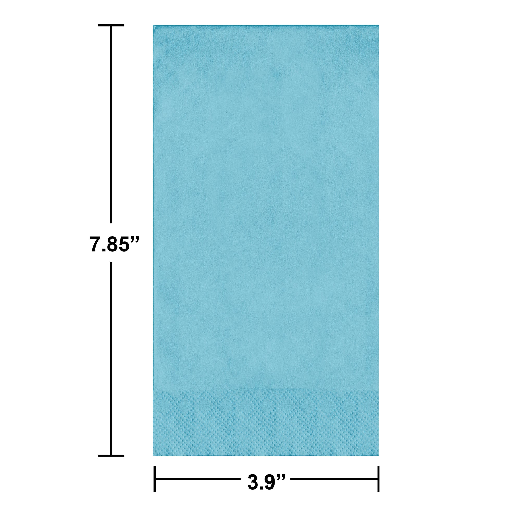 Blue paper guest towel with dimensions labeled on a white background