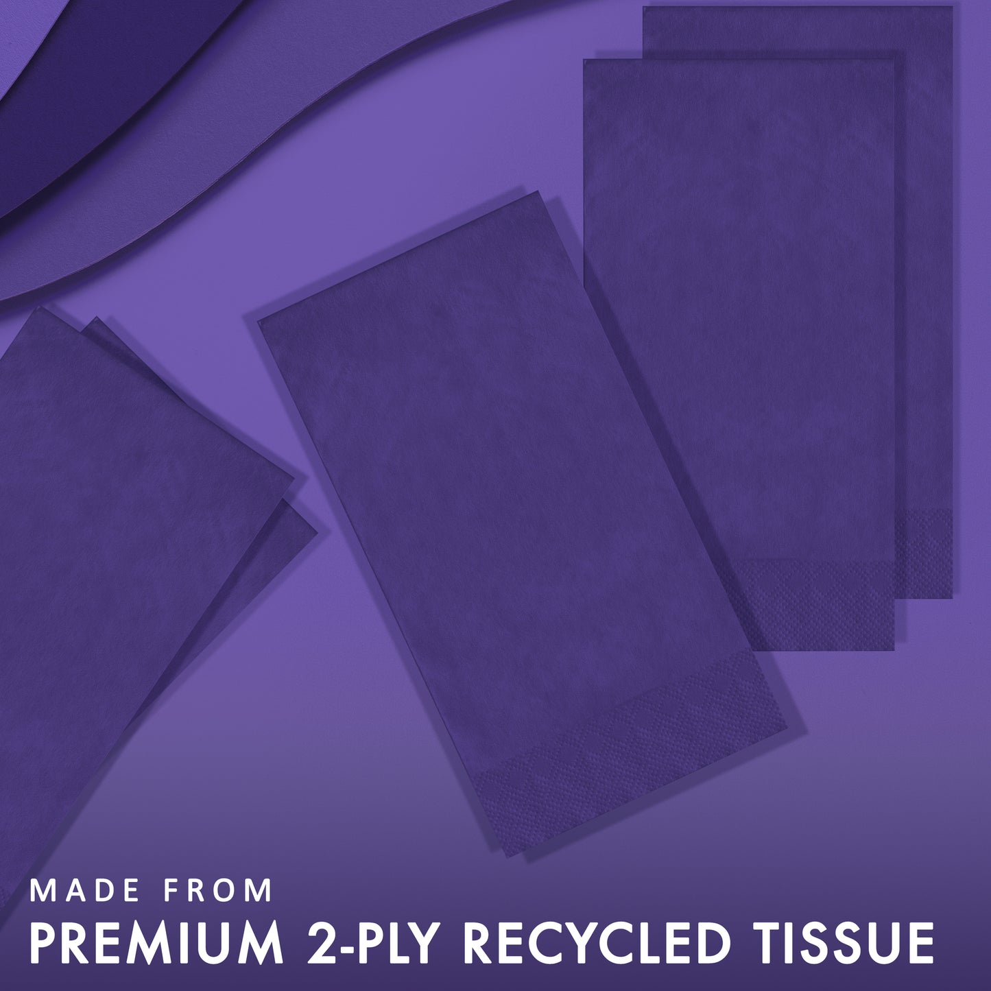 Purple paper napkins with text indicating premium 2-ply recycled tissue on a purple background