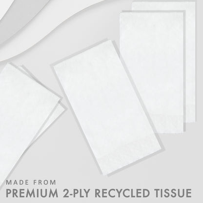 White recycled paper napkin on a light gray background with text 'Made from Premium 2-Ply Recycled Tissue'.