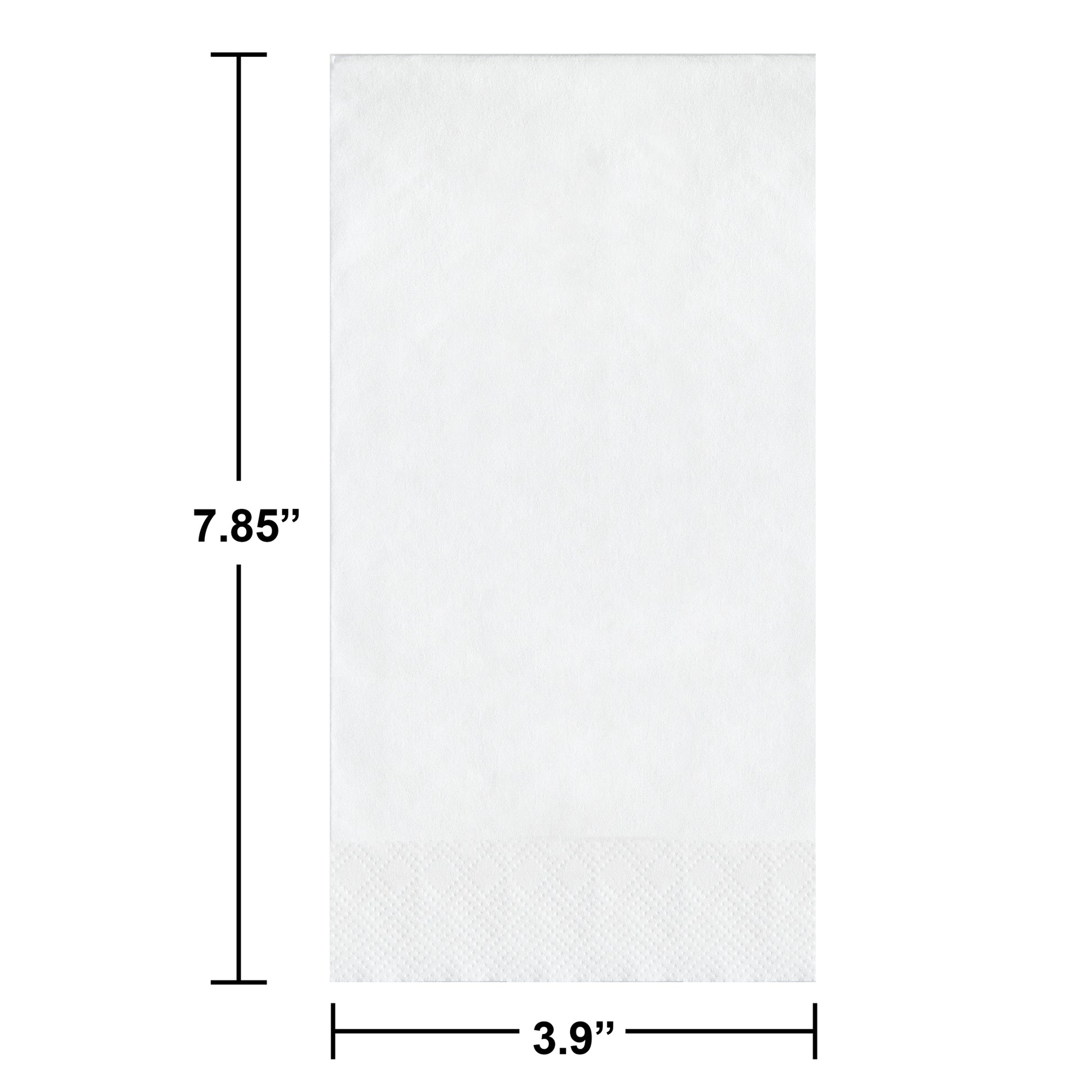 White paper napkins with pin emboss design with dimensions labeled as 7.85 inches by 3.9 inches.