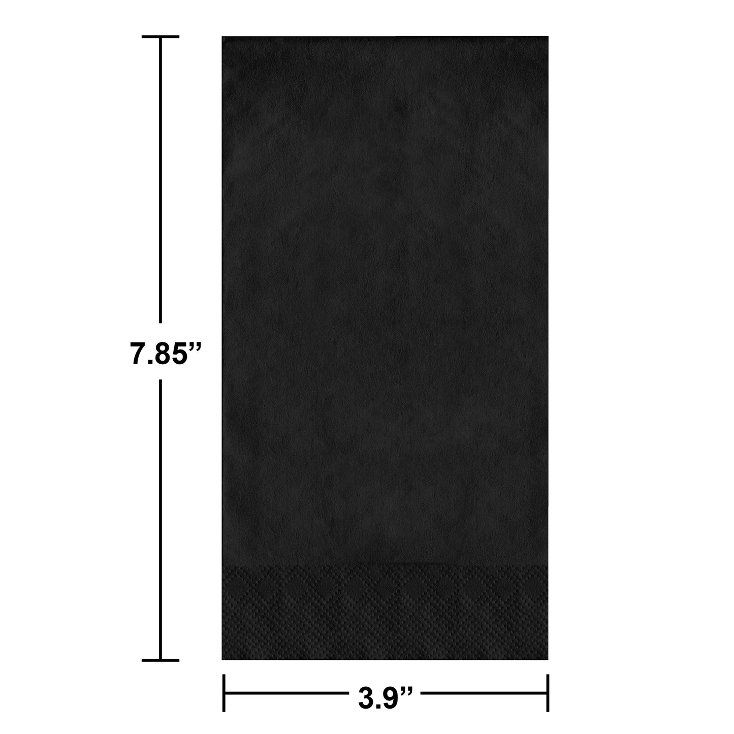 Black pin embossed guest towels on a white background. Dimensions shown