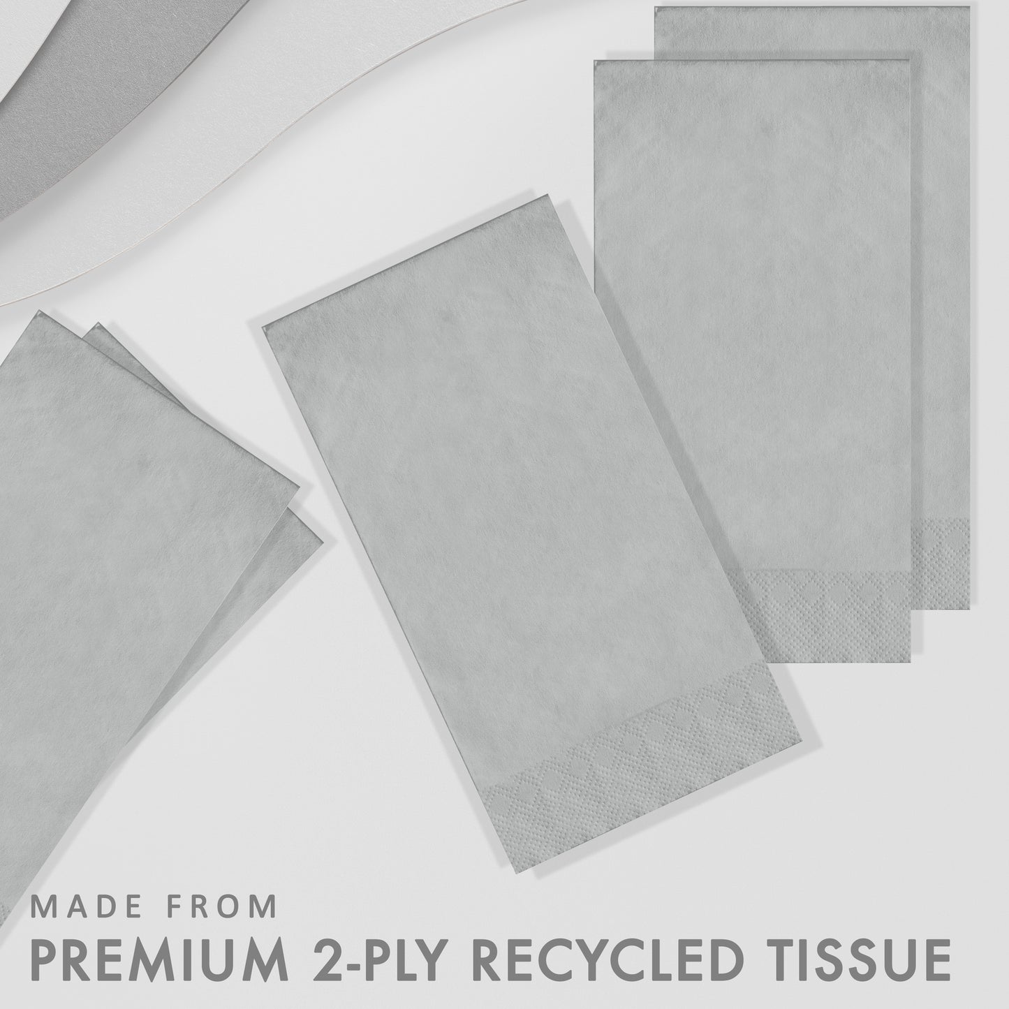 Gray 2-ply recycled tissue paper napkins on a white background with text.