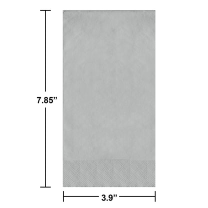 Gray guest towels with dimensions labeled on a white background