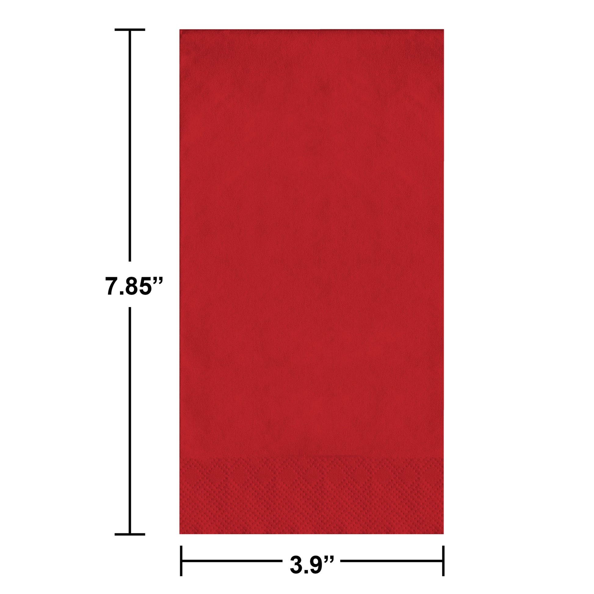 Red pin embossed guest towels on a white background. Dimensions shown