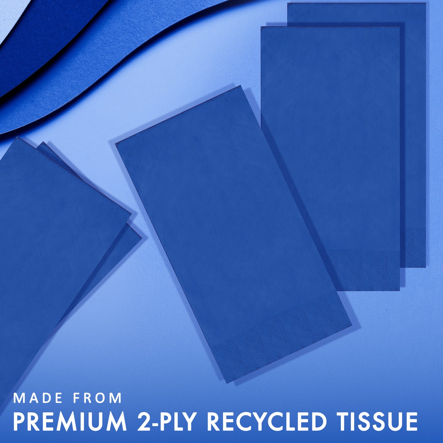 Blue pin embossed napkins on a blue background with "Made from premium 2-ply recycled tissue"