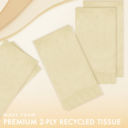 Ivory pin embossed napkins with "Made from premium 2-ply recycled tissue" text