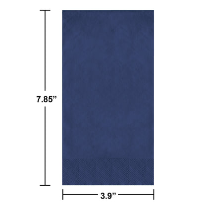 Navy blue napkin with dimensions labeled on a white background