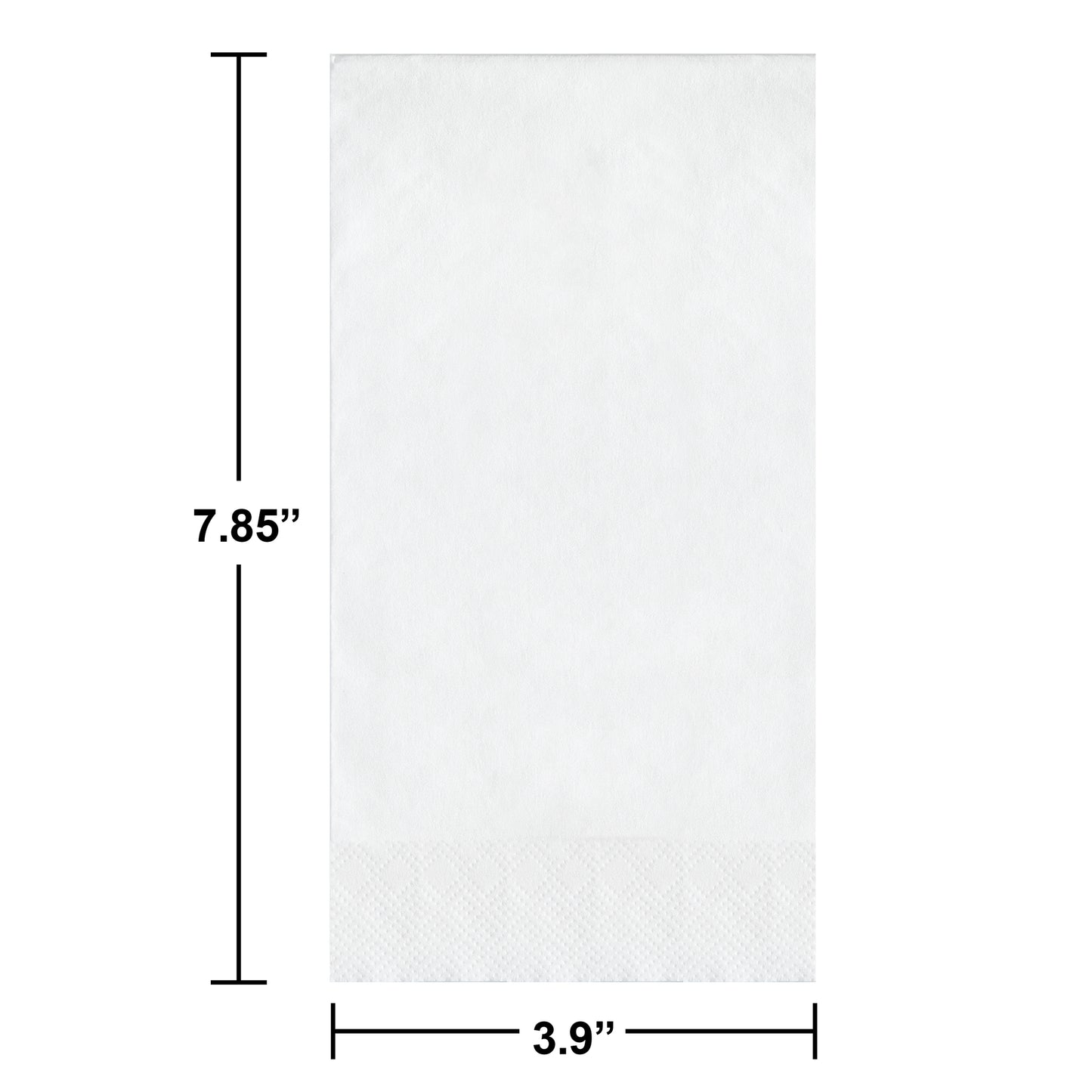 White paper guest towels with a pin embossed border. Dimensions shown.