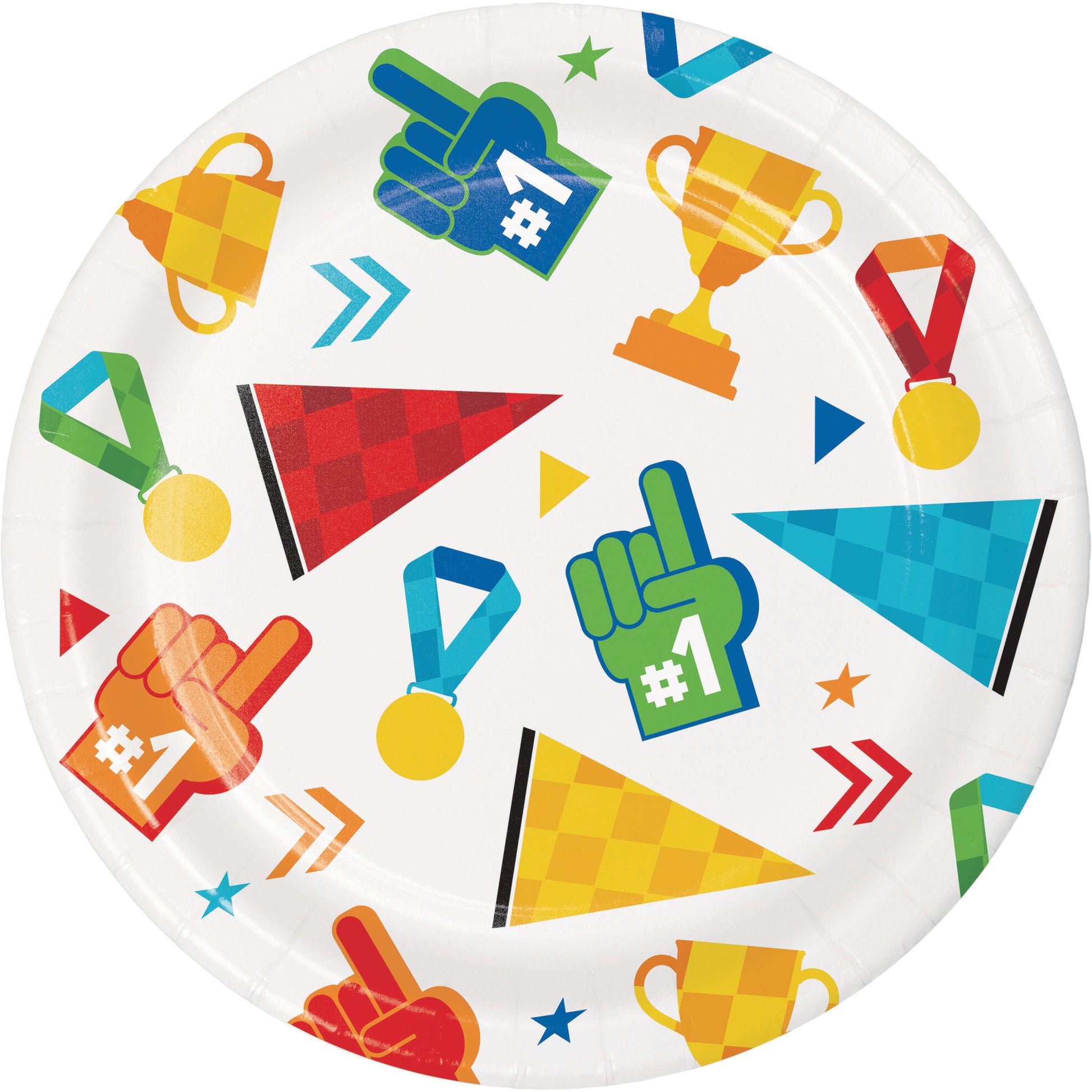 Colorful paper plate with sport-themed icons on a white background