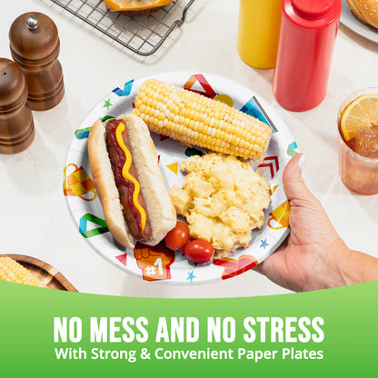 Colorful paper plate with hot dog, corn on the cob, and potatoes held by a hand, with text 'No Mess and No Stress'.