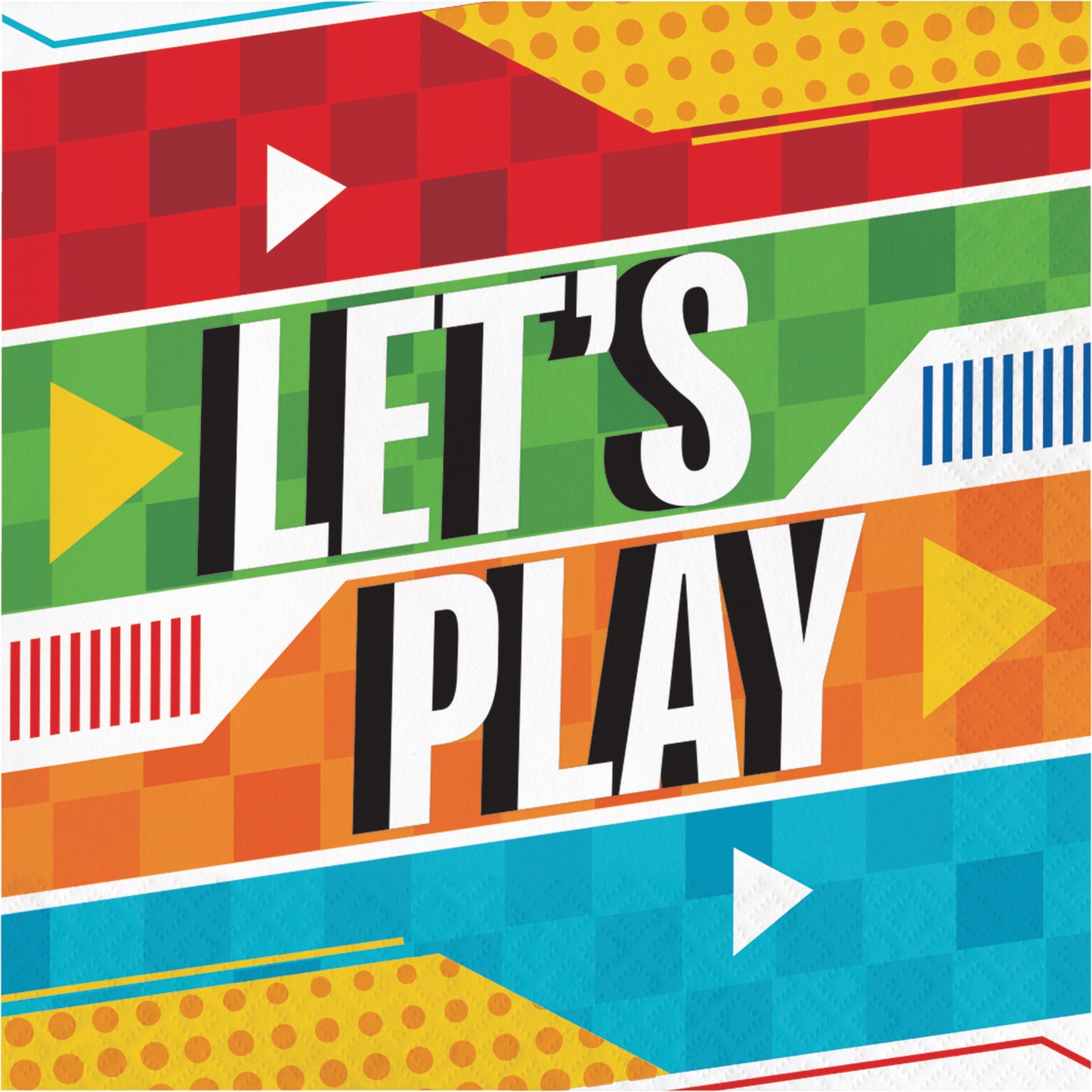 Napkin with colorful geometric design with 'Let's Play' text and play buttons on a multicolored background