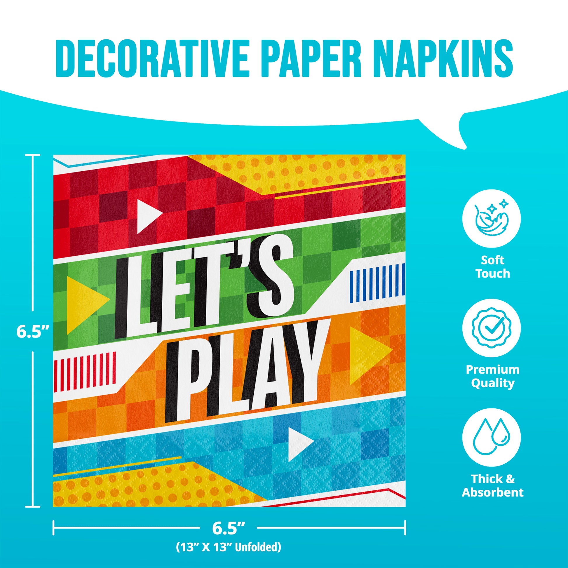 Decorative paper napkins with geometric design and text 'Let's Play' on a blue background with dimensions