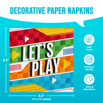 Decorative paper napkins with geometric design and text 'Let's Play' on a blue background with dimensions