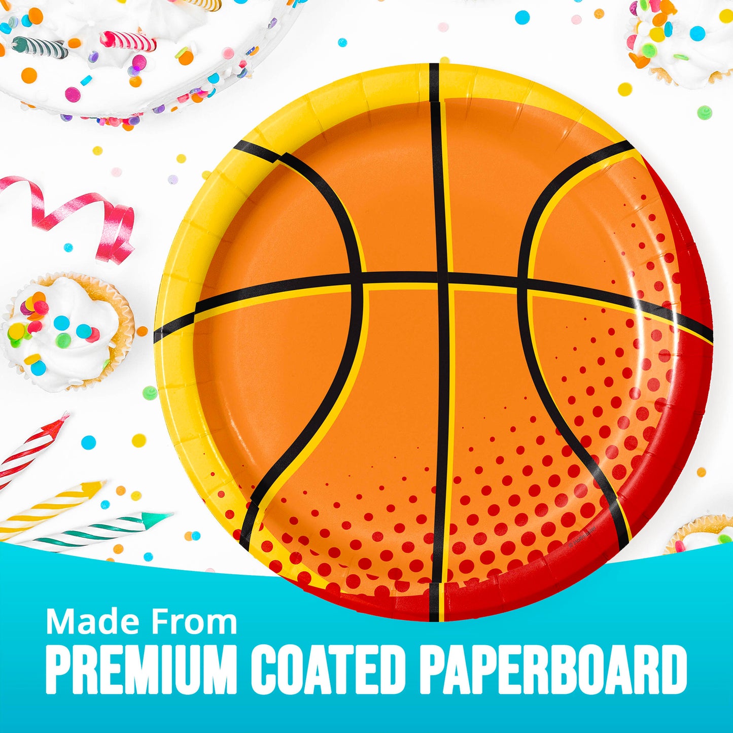 Basketball-themed paper plate with colorful confetti and party decorations in the background.